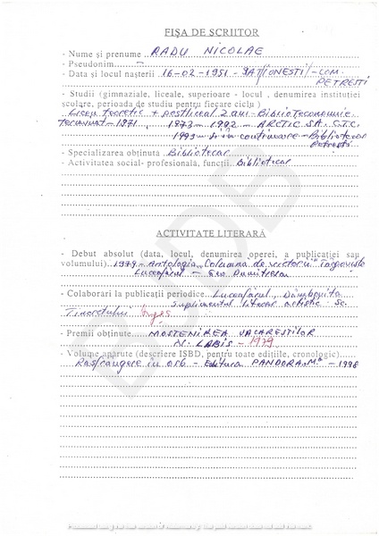 M-1316 - Fisa de scriitor RADU NICOLAE